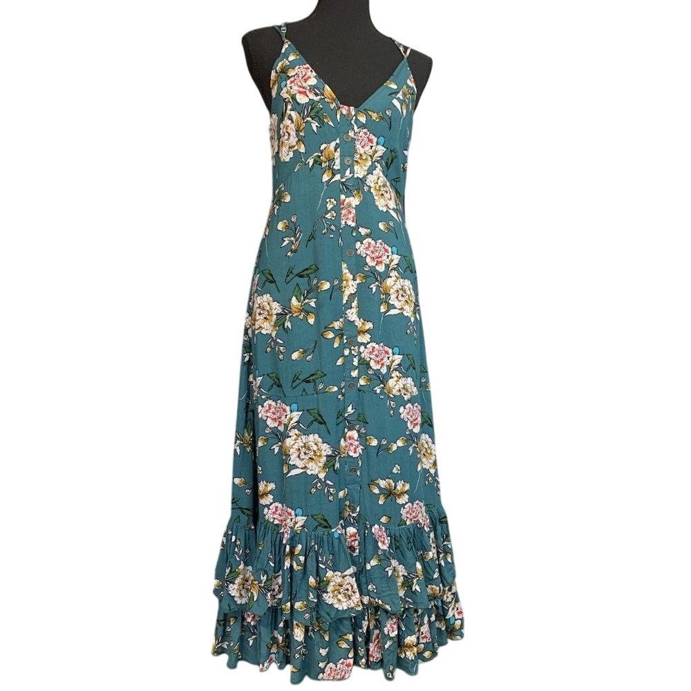 Vacate The Label Teal Floral Button Front Ruffle‎ Maxi Dress Womens Small Boho